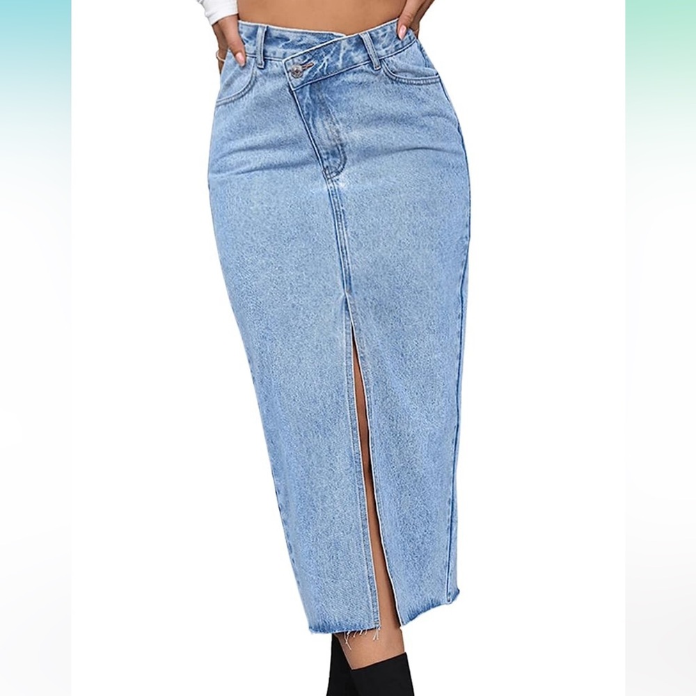 Denim Midi Skirt with Front Slit